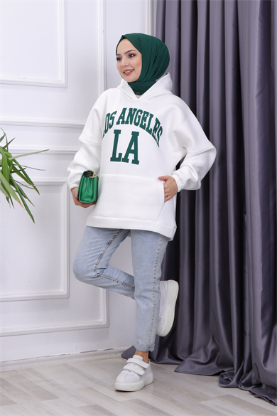 Üç İplik Kanguru Cep Sweat Beyaz