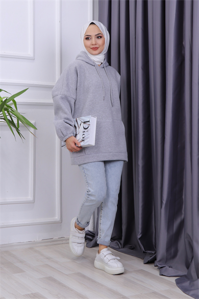 Üç İplik Kanguru Cep Sweat Gri
