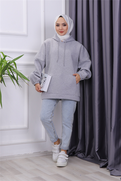 Üç İplik Kanguru Cep Sweat Gri