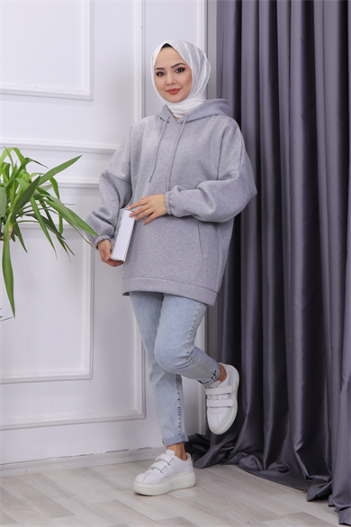 Üç İplik Kanguru Cep Sweat Gri