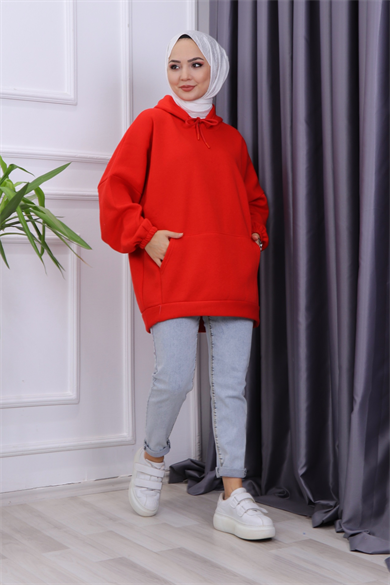 Üç İplik Kanguru Cep Sweat Kırmızı