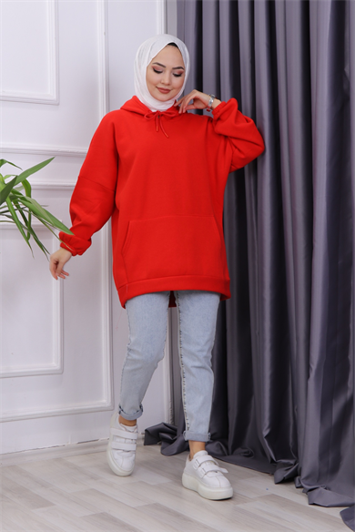 Üç İplik Kanguru Cep Sweat Kırmızı