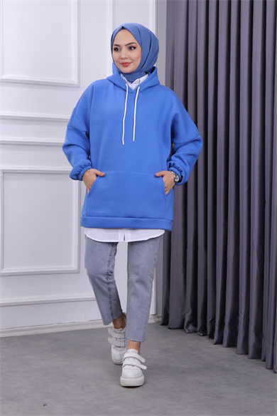 Üç İplik Kanguru Cep Sweat Mavi