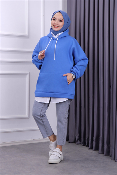 Üç İplik Kanguru Cep Sweat Mavi