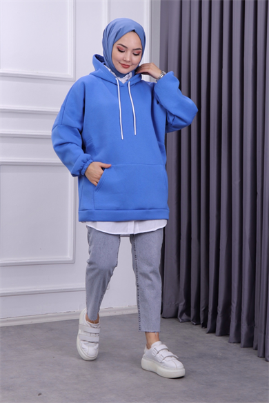 Üç İplik Kanguru Cep Sweat Mavi