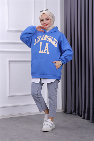 Üç İplik Kanguru Cep Sweat Mavi