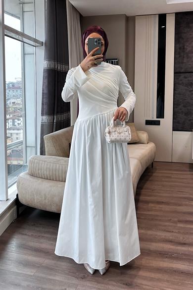 Üstü Sandy Altı Poplin Elbise Beyaz