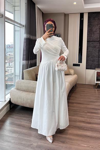 Üstü Sandy Altı Poplin Elbise Beyaz