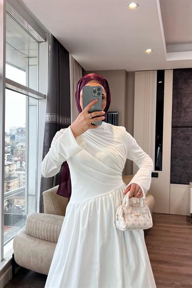 Üstü Sandy Altı Poplin Elbise Beyaz