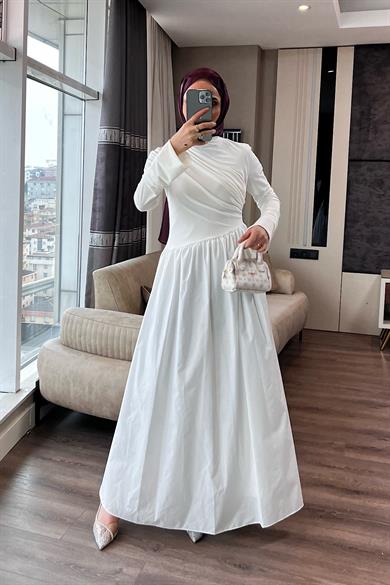 Üstü Sandy Altı Poplin Elbise Beyaz