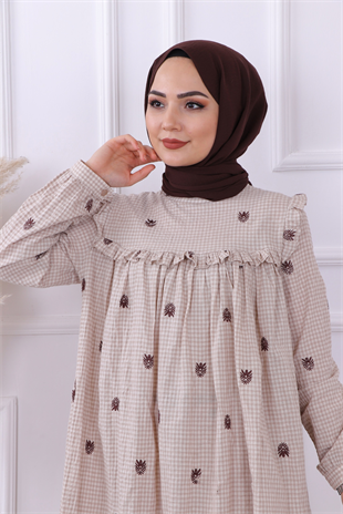Üzeri Çiçek İşlemeli Tunik Kahvre Rengi