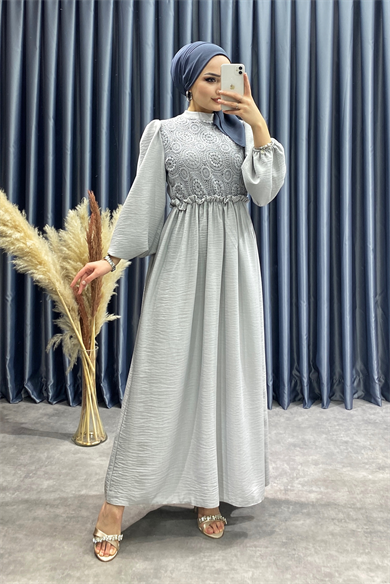 Üzeri Dantel Elbise Gri