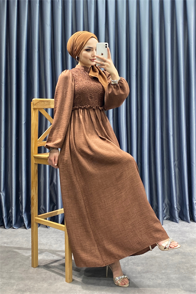 Üzeri Dantel Elbise Kahverengi