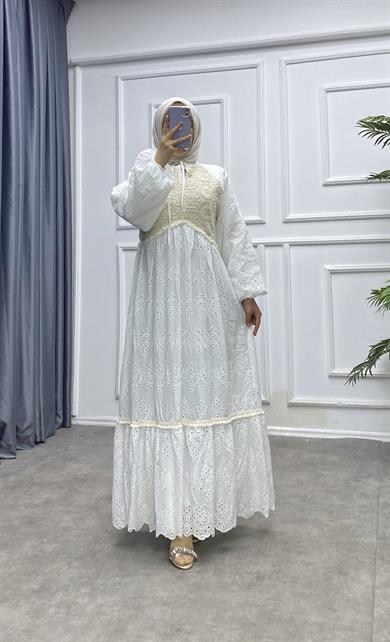 Üzeri Dantel Fisto Elbise Beyaz 