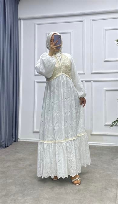 Üzeri Dantel Fisto Elbise Beyaz 