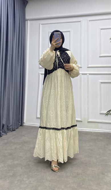 Üzeri Dantel Fisto Elbise Krem