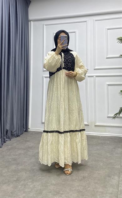 Üzeri Dantel Fisto Elbise Krem