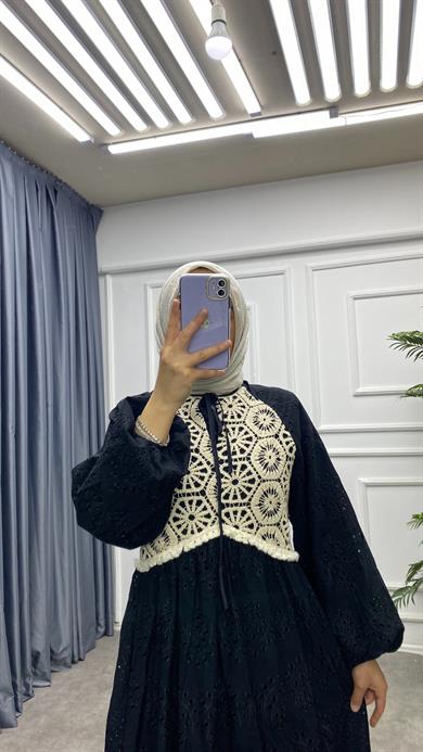 Üzeri Dantel Fisto Elbise Siyah 