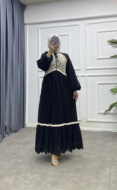 Üzeri Dantel Fisto Elbise Siyah 