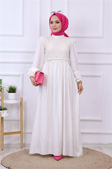 Üzeri İşlemeli Keten Elbise Krem