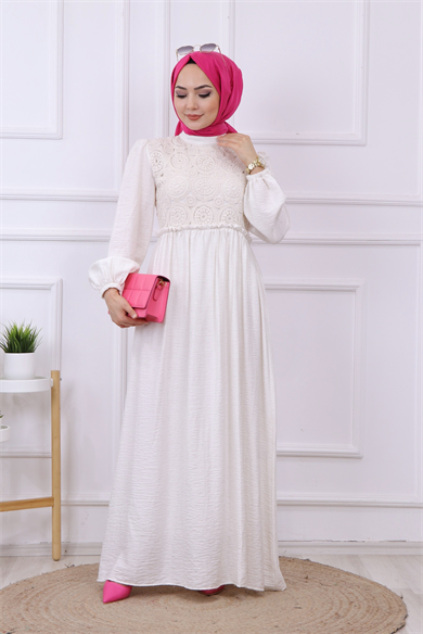 Üzeri İşlemeli Keten Elbise Krem