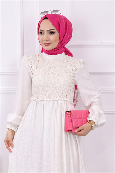 Üzeri İşlemeli Keten Elbise Krem