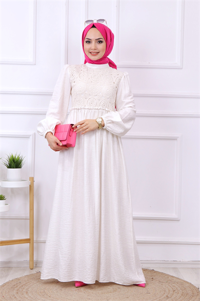 Üzeri İşlemeli Keten Elbise Krem