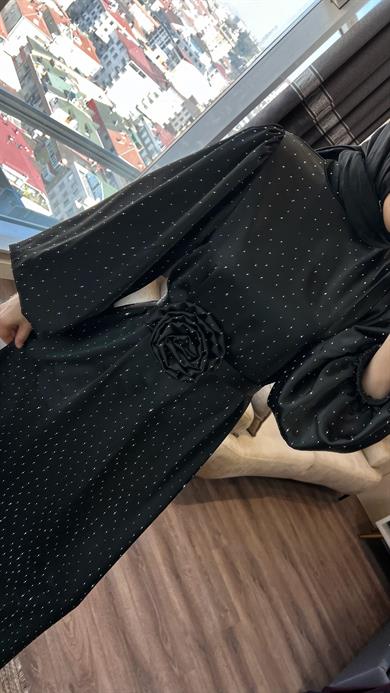 Üzeri Taşlı Balon Kol Elbise Siyah
