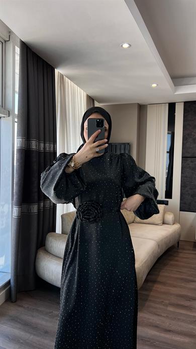 Üzeri Taşlı Balon Kol Elbise Siyah
