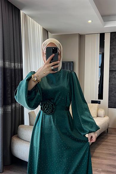 Üzeri Taşlı Balon Kol Elbise Yeşil 