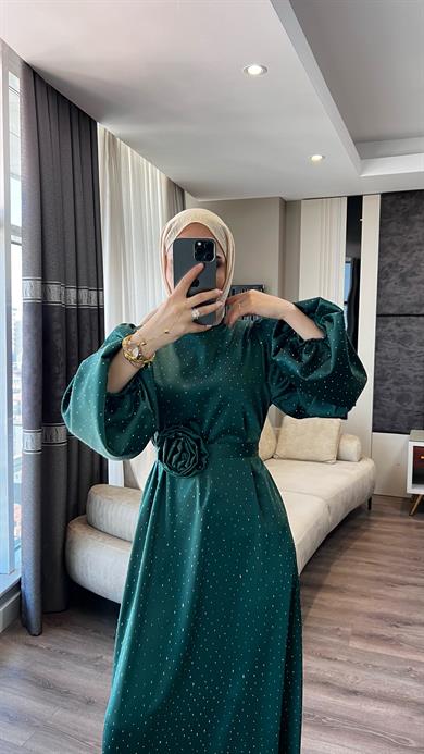 Üzeri Taşlı Balon Kol Elbise Yeşil 