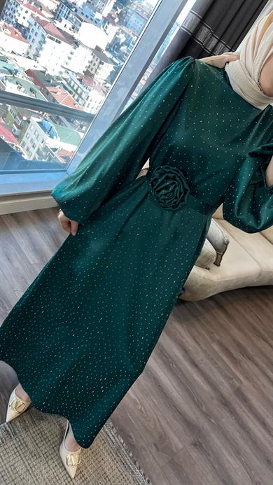 Üzeri Taşlı Balon Kol Elbise Yeşil 
