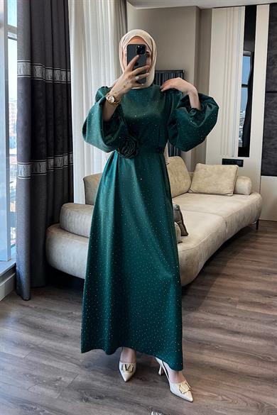Üzeri Taşlı Balon Kol Elbise Yeşil 