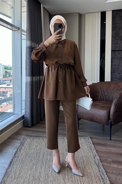 Üzeri Taşlı Beli Tünelli Linda Takım Kahverengi