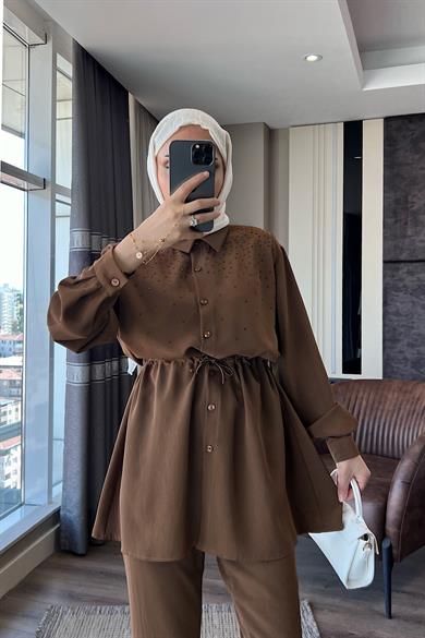 Üzeri Taşlı Beli Tünelli Linda Takım Kahverengi