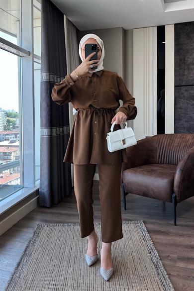 Üzeri Taşlı Beli Tünelli Linda Takım Kahverengi