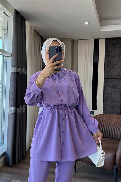 Üzeri Taşlı Beli Tünelli Linda Takım Lila