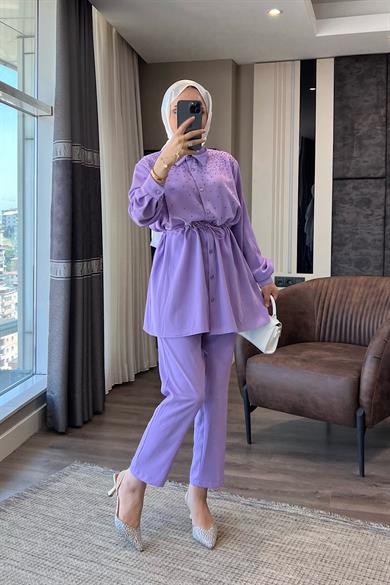 Üzeri Taşlı Beli Tünelli Linda Takım Lila