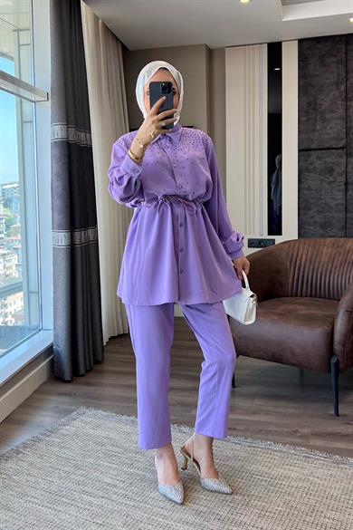 Üzeri Taşlı Beli Tünelli Linda Takım Lila