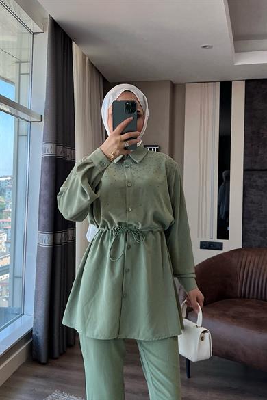 Üzeri Taşlı Beli Tünelli Linda Takım Yeşil