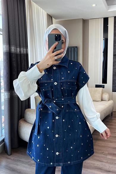 Üzeri Taşlı Kot Yelek  
