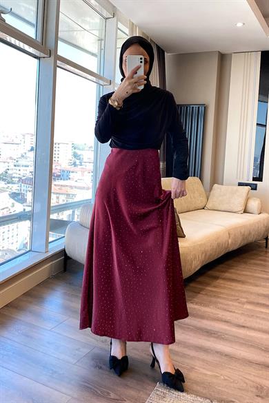 Üzeri Taşlı Saten Etek Bordo