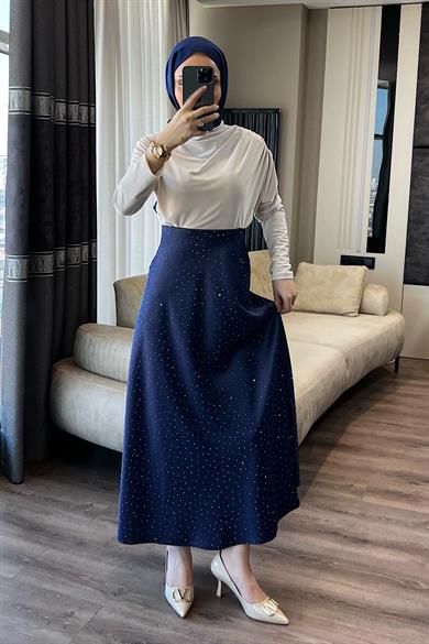 Üzeri Taşlı Saten Etek Lacivert 