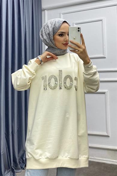 Üzeri Taşlı Sweat Bej 