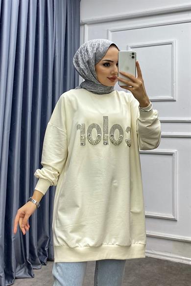 Üzeri Taşlı Sweat Bej 