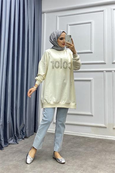 Üzeri Taşlı Sweat Bej 