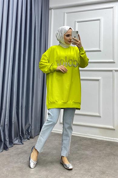 Üzeri Taşlı Sweat Yağ Yeşili 