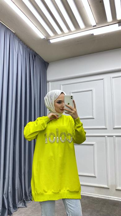 Üzeri Taşlı Sweat Yağ Yeşili 