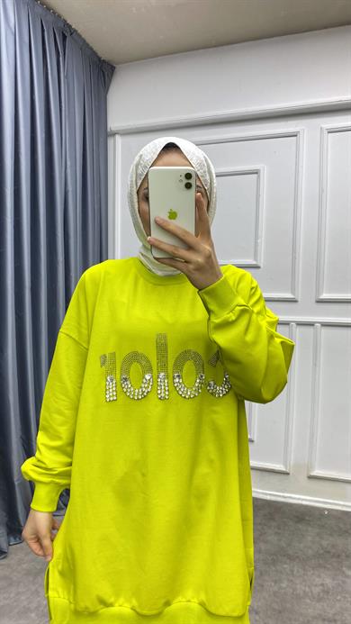 Üzeri Taşlı Sweat Yağ Yeşili 