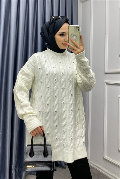 Üzeri Taşlı Tunik Beyaz 